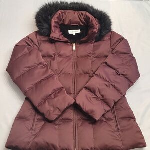 Calvin Klein Down Puffer Jacket Faux Fur Hood Burgundy Winter Coat